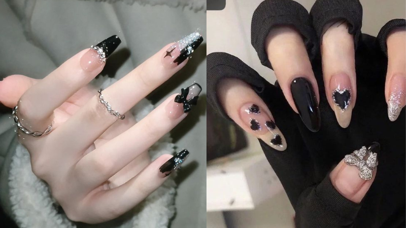 Mẫu nail đen đính đá sang chảnh 1 (Ảnh: sưu tầm)