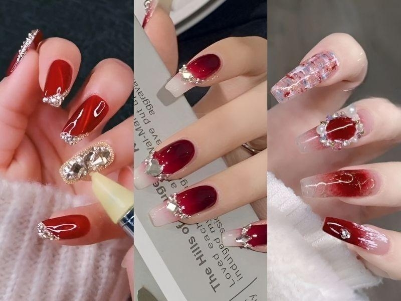 Nail thạch đỏ đính đá sang trọng