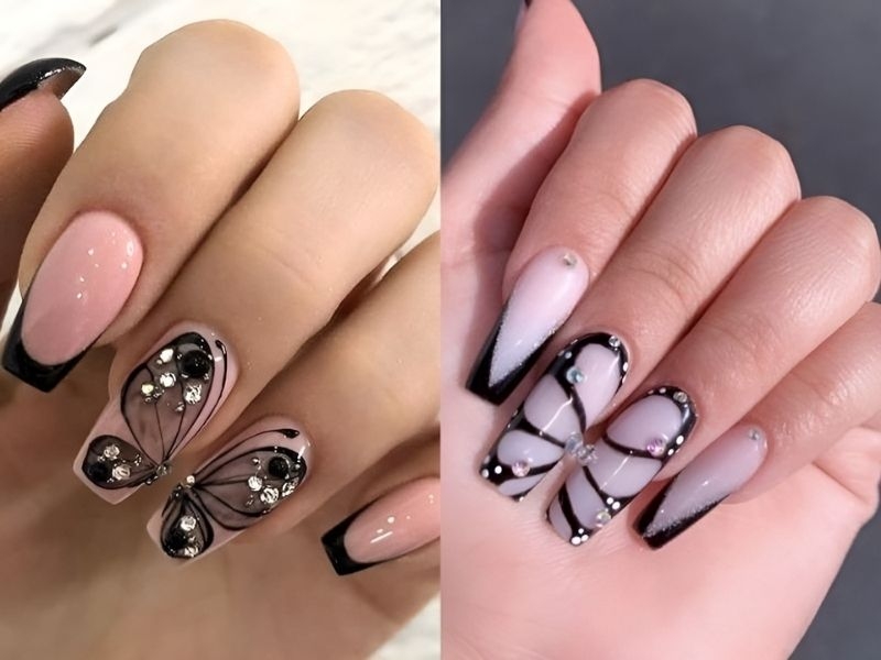 Mẫu nail vẽ họa tiết kết hợp đính đá