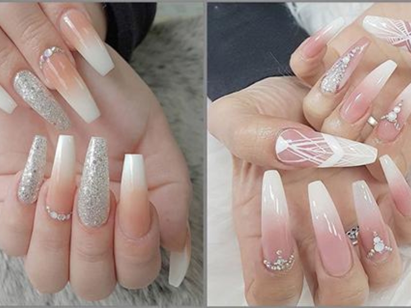 Nail hồng ombre đính đá