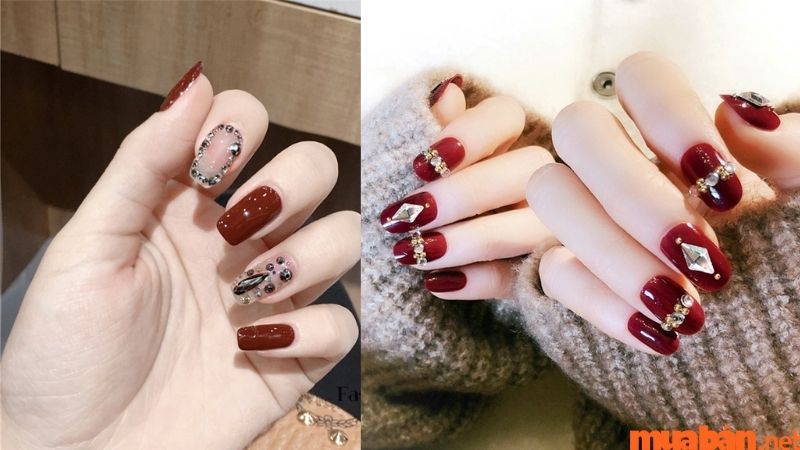 Mẫu nail đính đá với tone màu đỏ rực rỡ