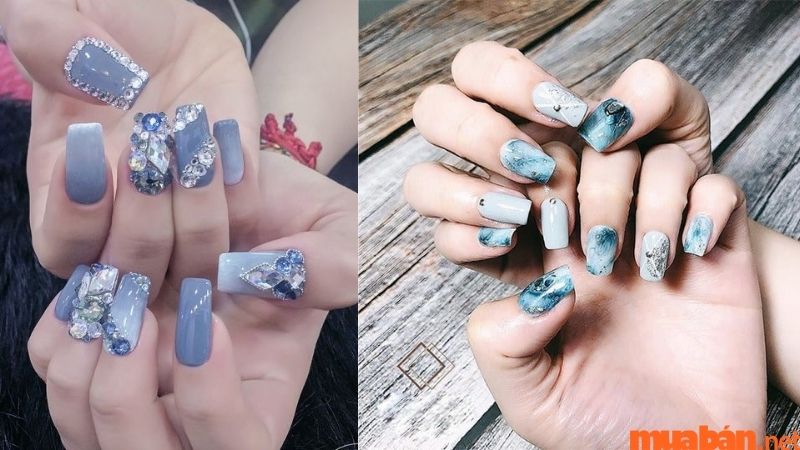 Mẫu nail đính đá với tone màu xanh