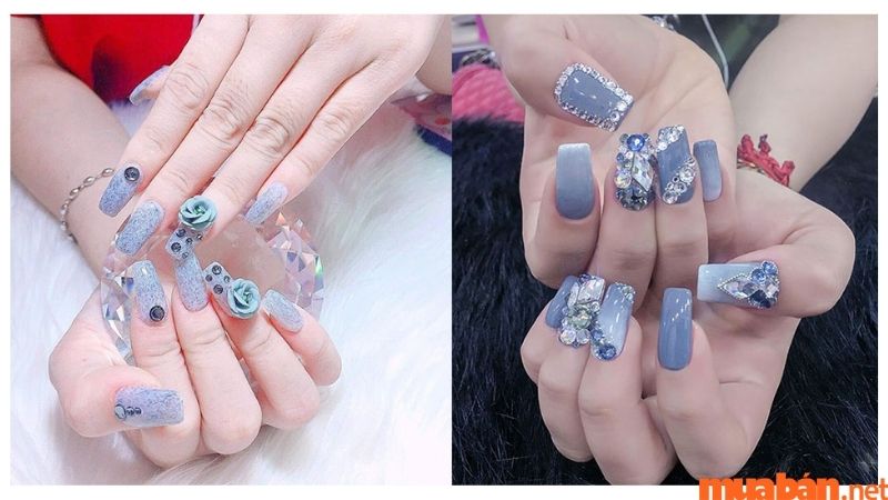 Nail xanh dương đính đá