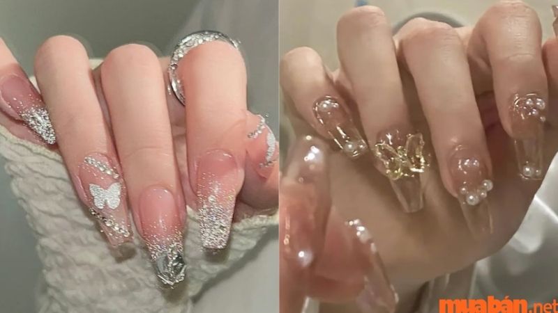 Mẫu nail đính đá với tone màu hồng