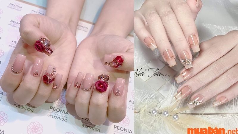 Mẫu nail hồng đính đá