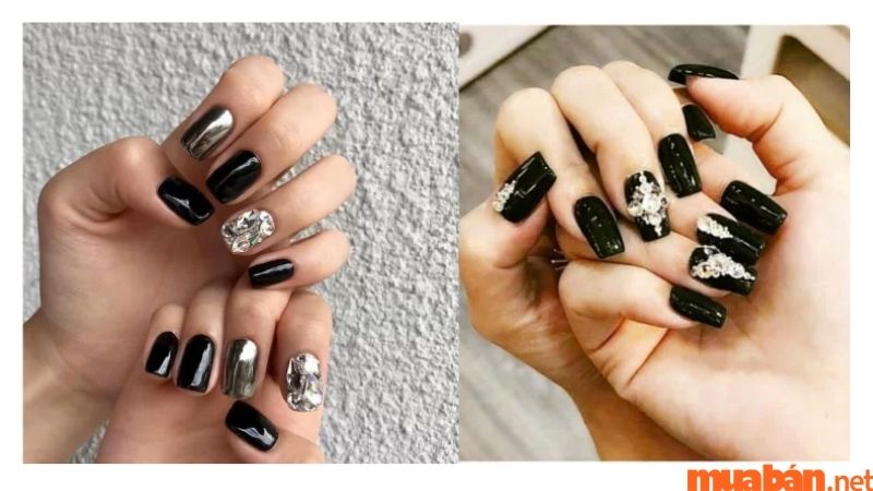 Mẫu nail đính đá màu đen huyền bí