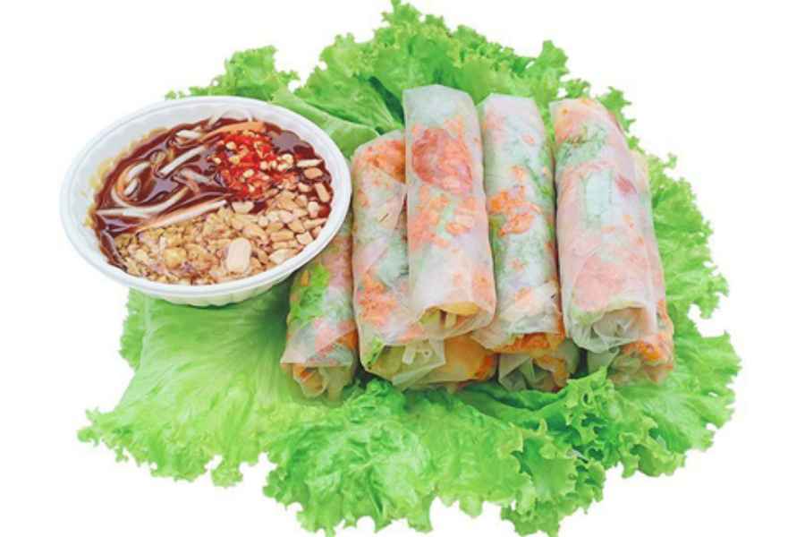 Bò bía cuốn với bánh tráng kèm bún và rau sống, chấm với tương đen, ăn là ghiền.