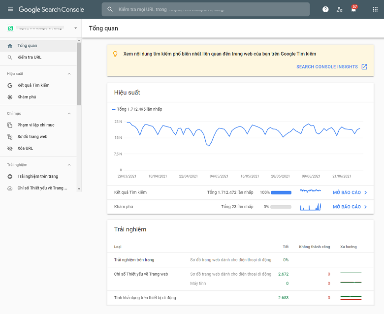 Giao diện công cụ phân tích website Google Search Console