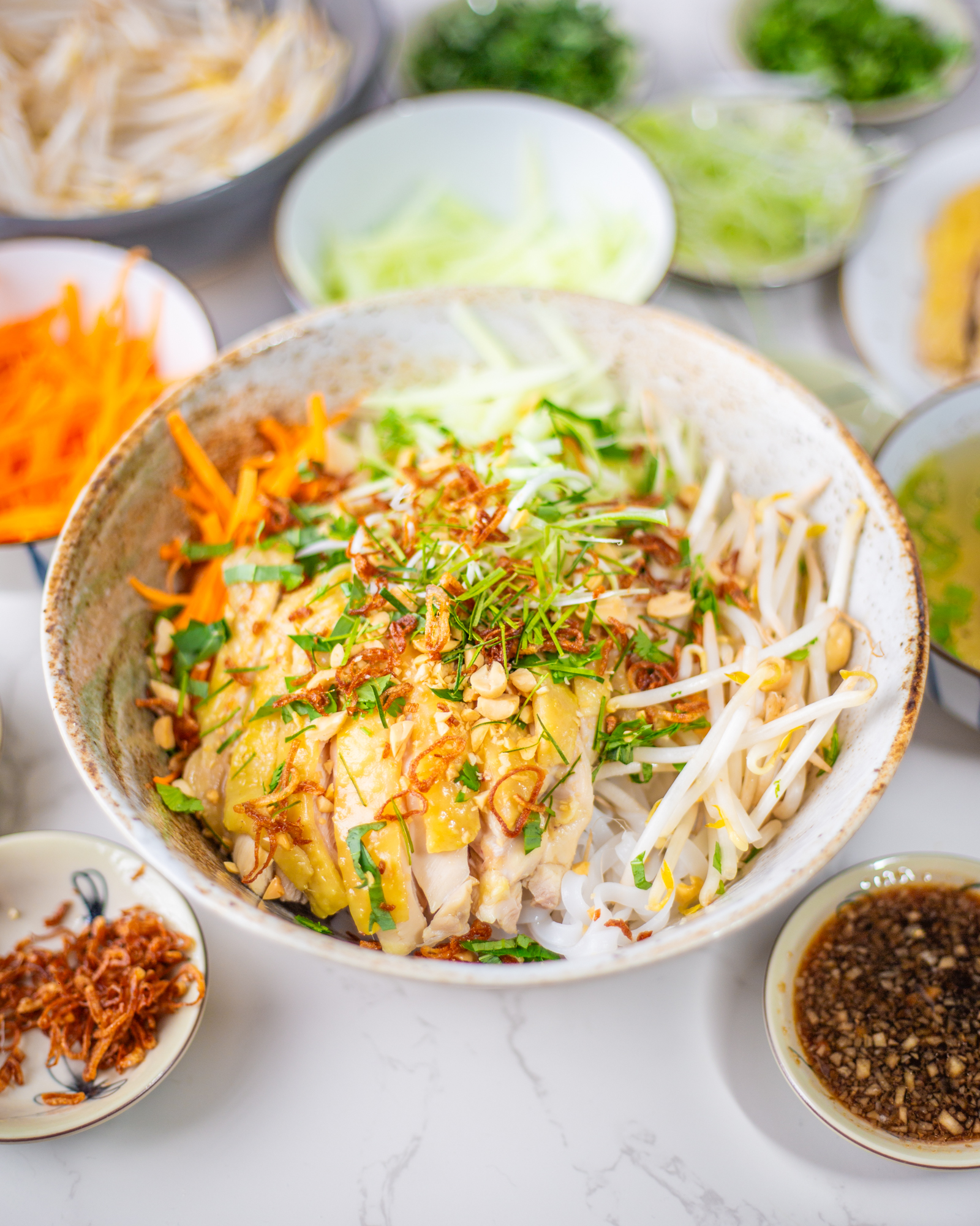 A large white and brown ceramic bowl with shredded carrot, shredded green papaya, bean sprouts, sliced chicken, chopped herbs, peanuts, and fried shallot. It is surrounded by smaller bowls containing the different ingredients.