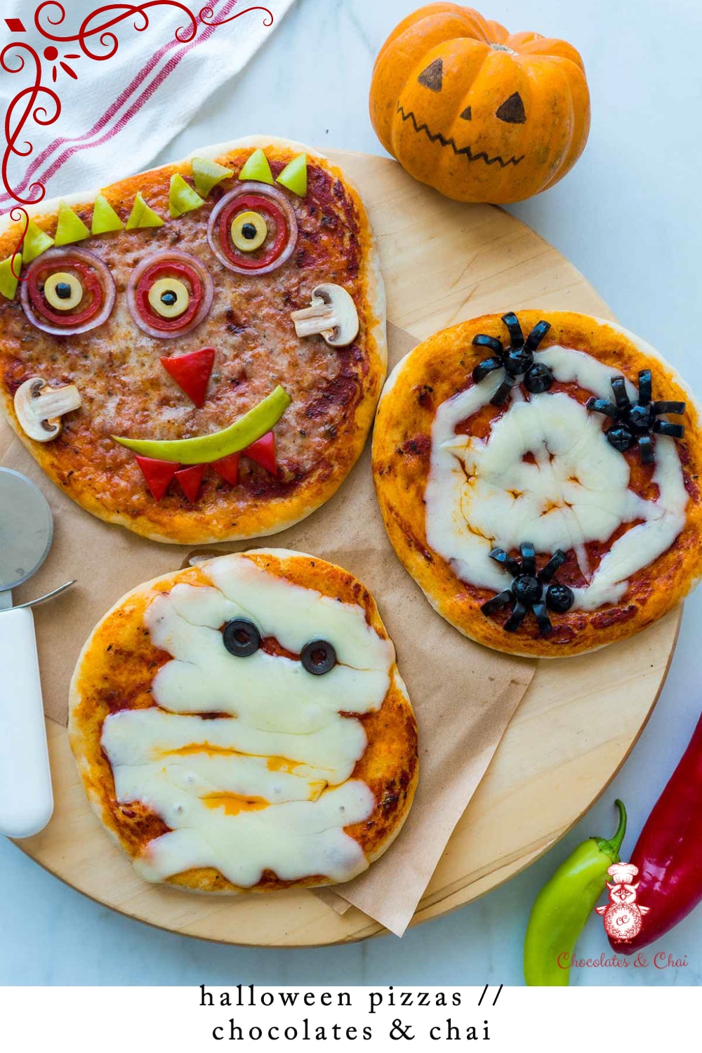 A halloween pizza that looks like Frankenstein's monster.