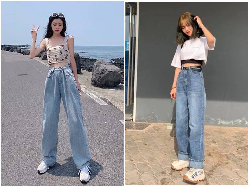 quần jean ống rộng phối áo croptop