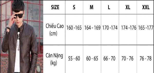 Bảng size áo khoác nam