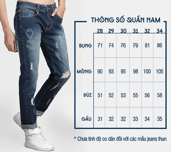 Size L bao nhiêu kg quần jean nam