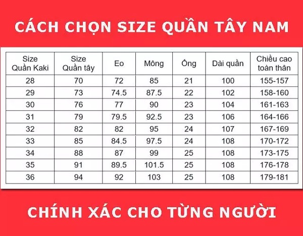 Size L là bao nhiêu kg cho quần tây nam