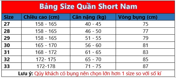 Bảng size quần short nam