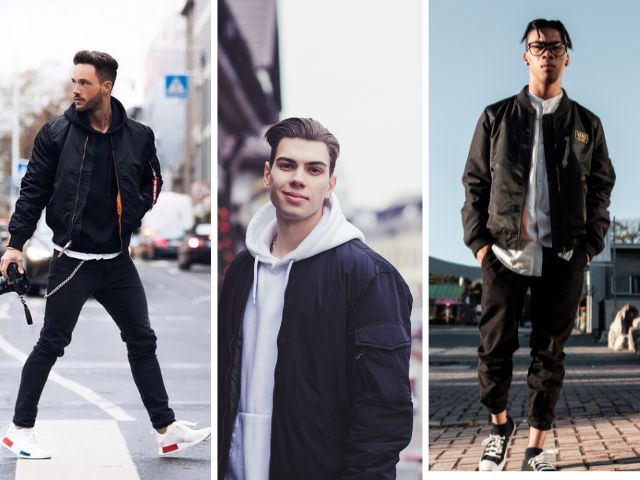 Phối áo khoác bomber, áo Hoodies, và quần dài nam