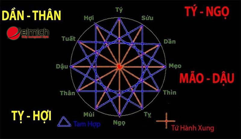 Hình 7: Tứ hành xung gồm 3 nhóm con giáp có quan hệ xung đột với nhau cả từ quan điểm, tính cách đến phong cách sống