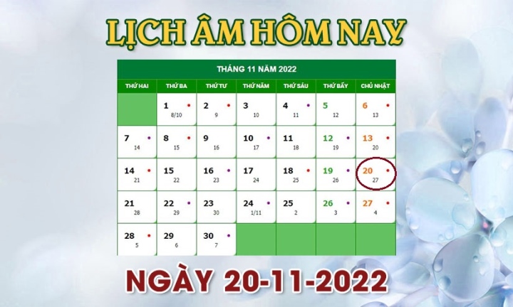 Lịch âm 20/11 - Tra cứu lịch âm hôm nay Chủ nhật ngày 20/11/2022 - 1