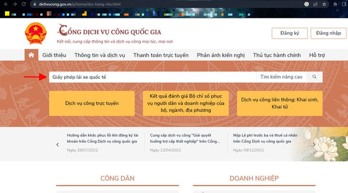 Truy cập website Dịch vụ công quốc gia