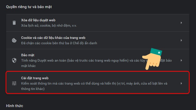 Chọn Cài đặt trang web