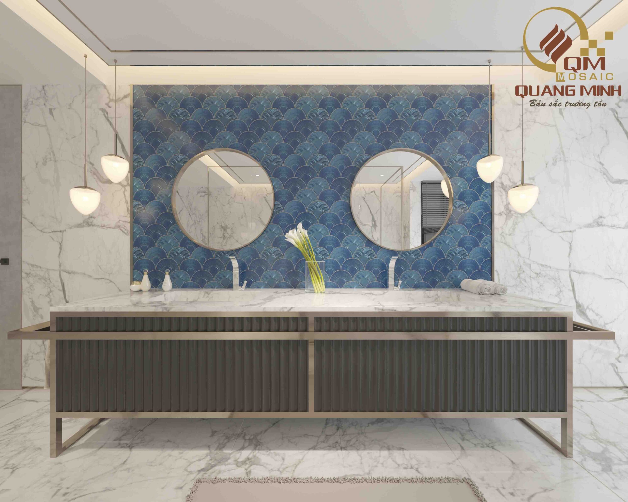 Mẫu gạch mosaic vảy cá màu xanh ngọc