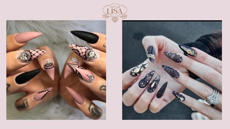 Nail móng nhọn trang trí phức tạp cho cô nàng cá tính