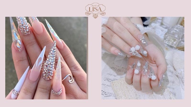 Mẫu nail nhọn kết hợp với đá quý và phụ kiện