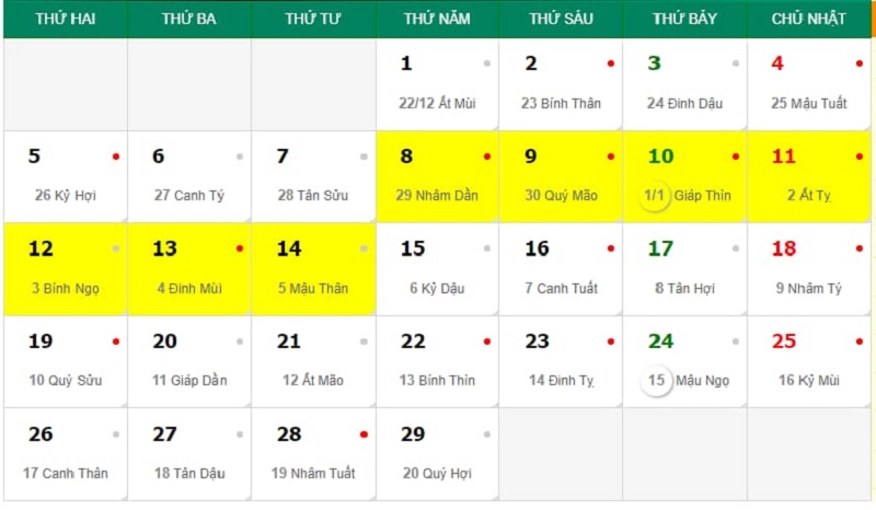 Lịch tháng 1 âm lịch 2024 và tháng 2 dương lịch