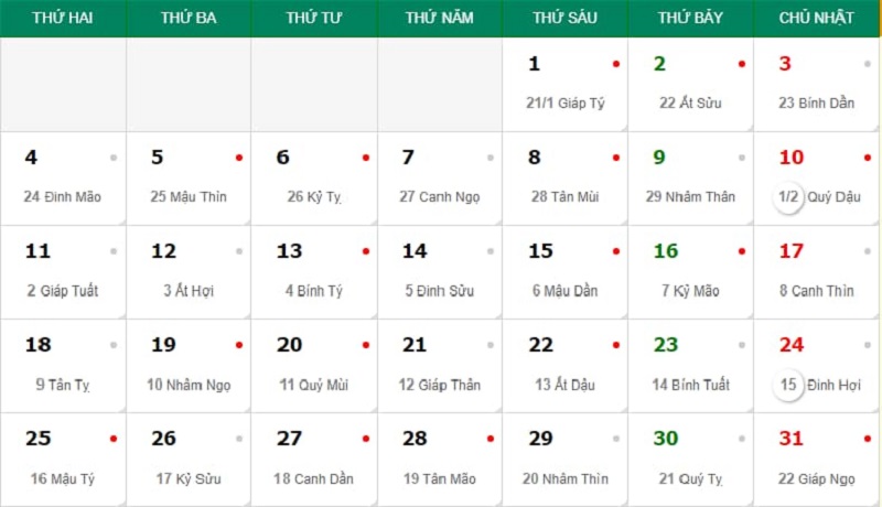Lịch tháng 1 âm lịch 2024 vào tháng 3 dương lịch