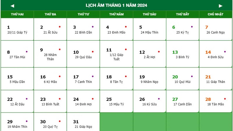 Lịch âm tháng 01/2024