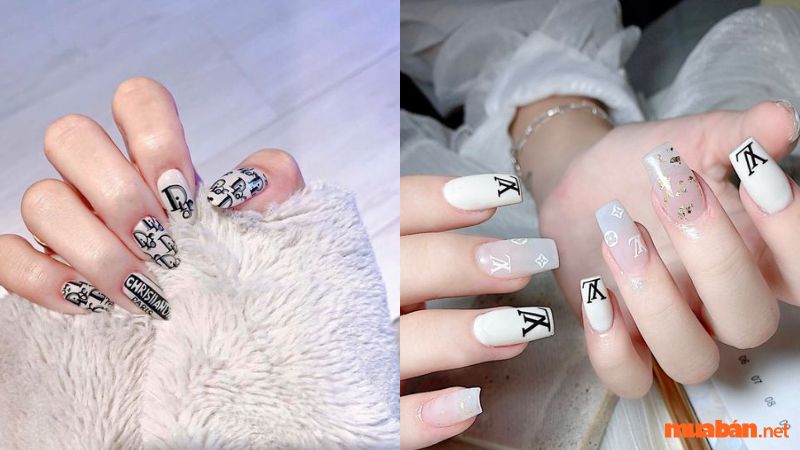 Mẫu nail đen trắng với họa tiết logo đẹp mắt