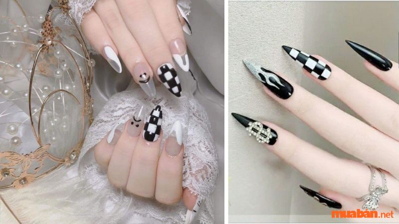 Mẫu nail đen trắng caro xen kẽ kết hợp họa tiết