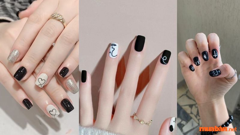 Mẫu nail trắng đen đơn giản 3