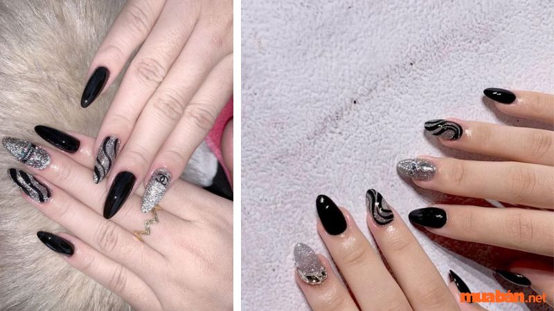 Mẫu nail đen nhũ bạc sang trọng