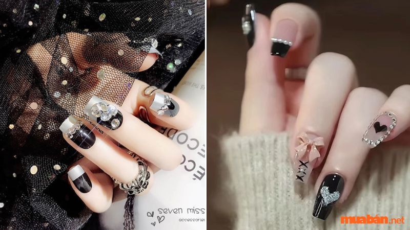 Mẫu nail đen trắng đính đá sang chảnh