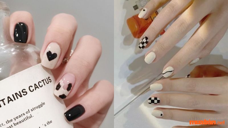 Mẫu nail đen trắng họa tiết đơn giản