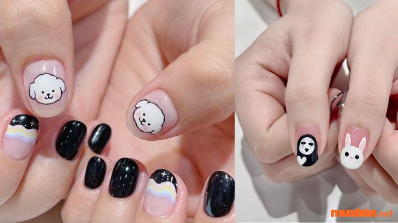 Mẫu nail đen trắng hoạt hình ngộ nghĩnh