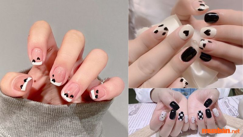 Mẫu nail đen trắng họa tiết cute