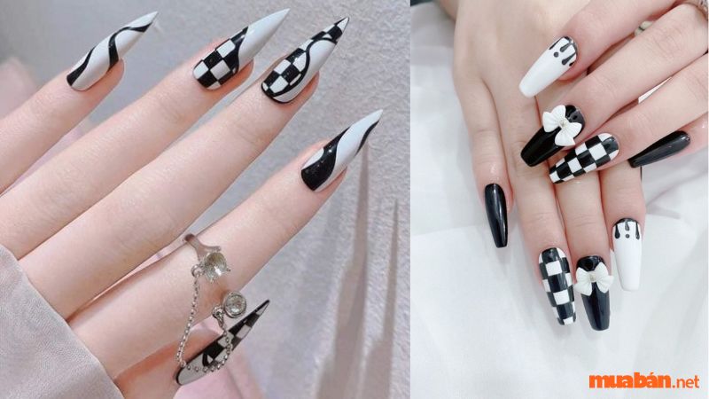 Mẫu nail đen trắng kẻ caro sang chảnh