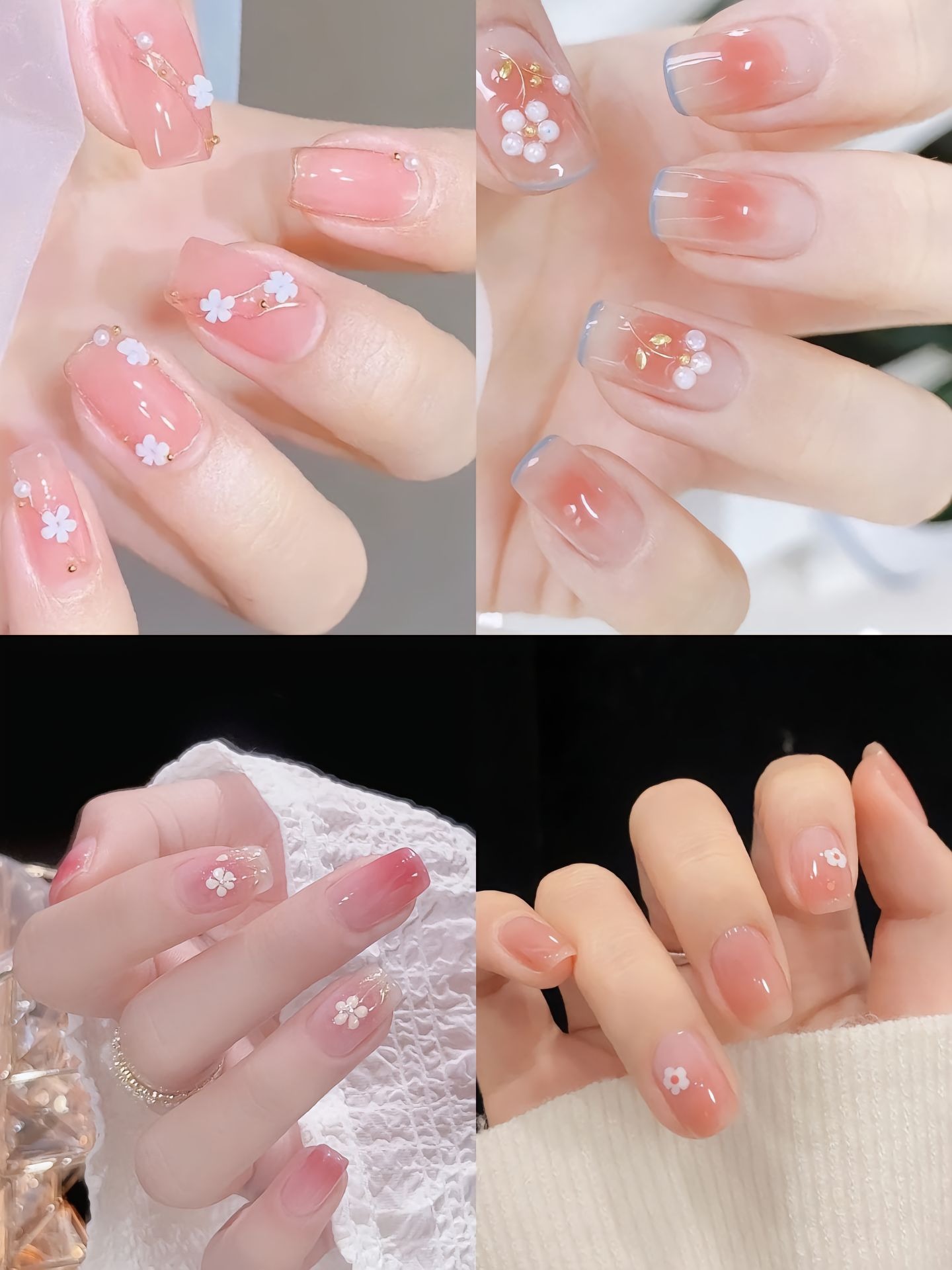 Nail thạch hồng pastel với họa tiết hoa nhỏ xinh