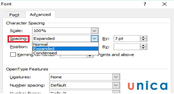Click chọn vào Advanced và chọn lựa giãn chữ hoặc thu hẹp chữ lại tại phần Spacing