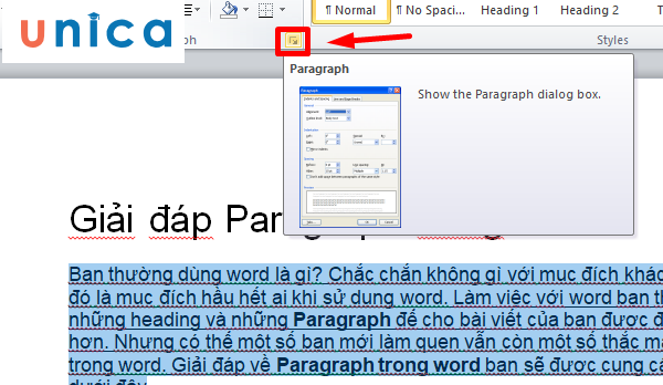 Nhấn chuột vào ký hiệu mũi tên ở góc nhóm Paragraph trên thanh menu