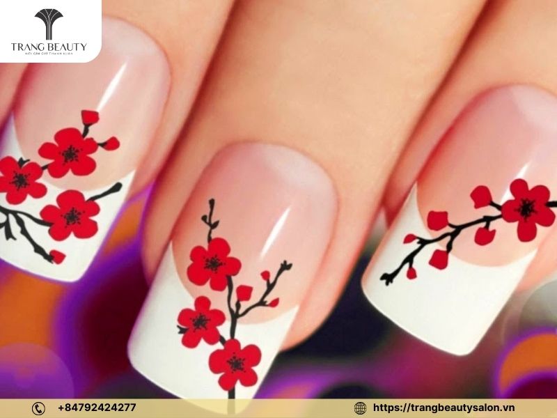 Vẽ móng tay mẫu nail họa tiết cành cọ