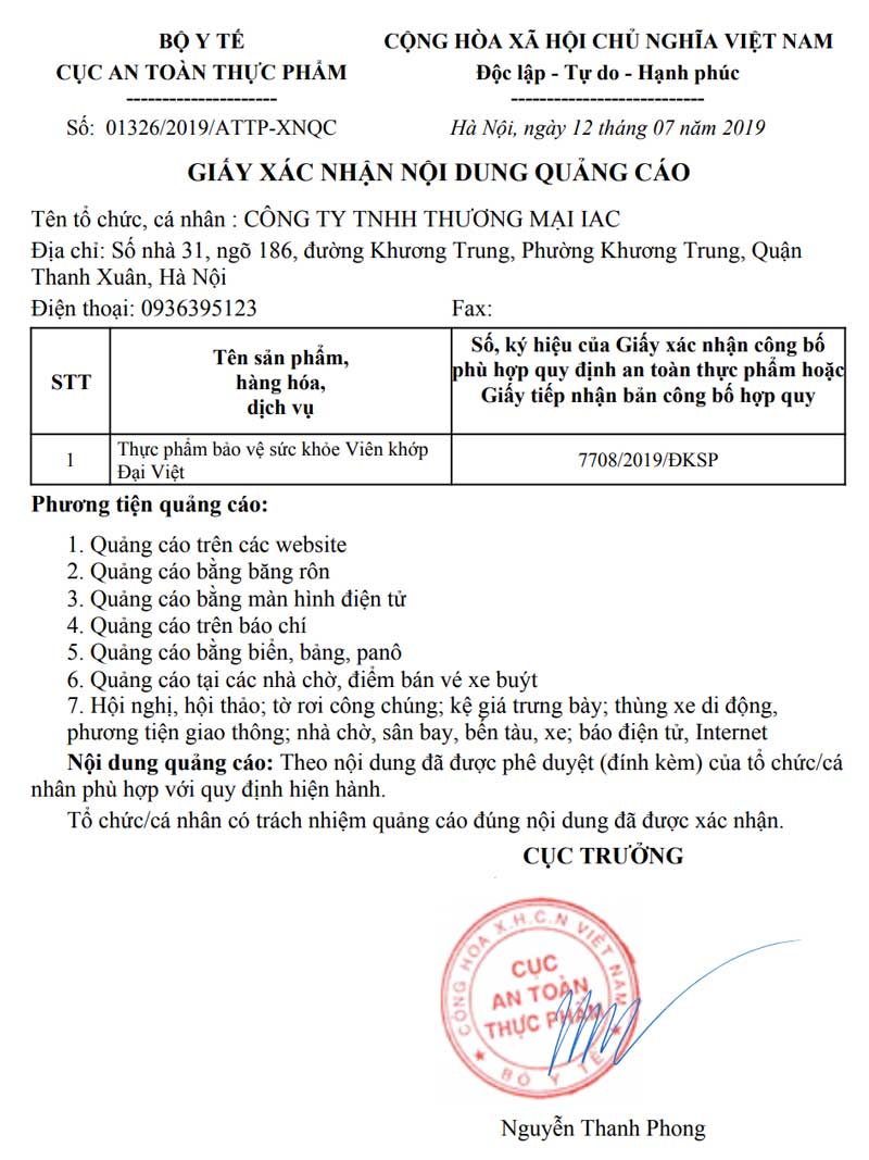 Giấy xác nhận quảng cáo Viên khớp Đại Việt