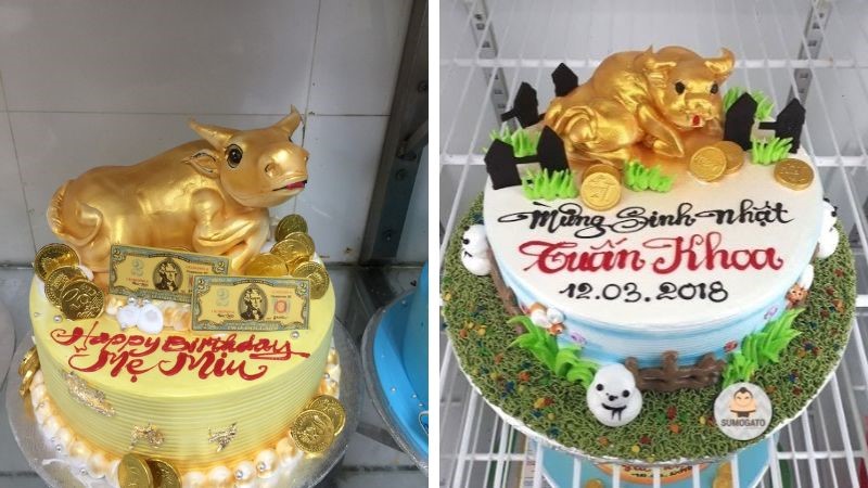 Bánh sinh nhật con trâu vàng mặt ngây thơ