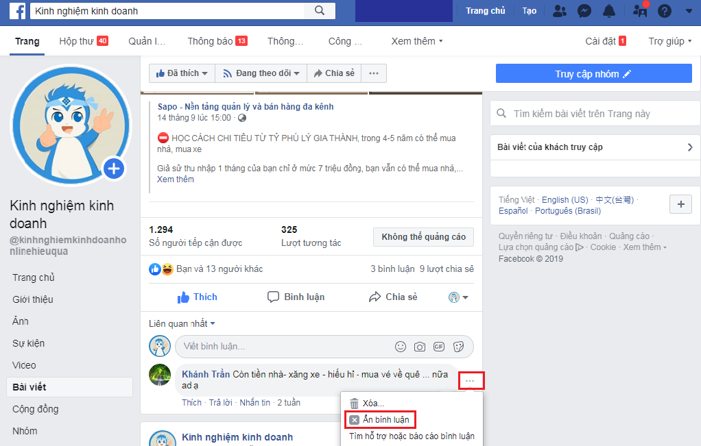 Kinh nghiệm ẩn comment trên facebook