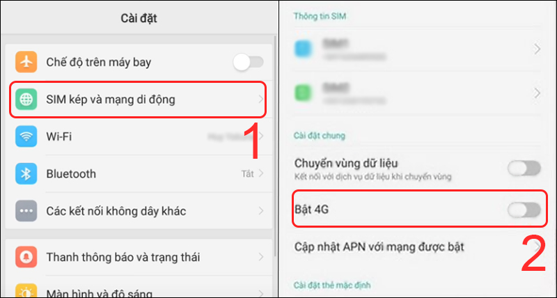 Chọn SIM kép và mạng di động rồi tắt 4G