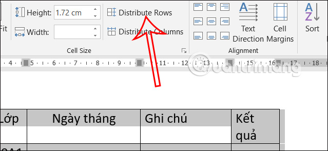 Chọn Distribute Columns chỉnh cột bảng Word