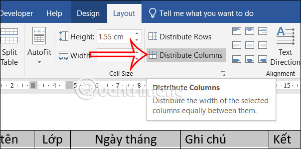 Điều chỉnh ô trong bảng Word bằng nhau