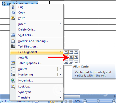 Căn giữa nội dung trong ô Word